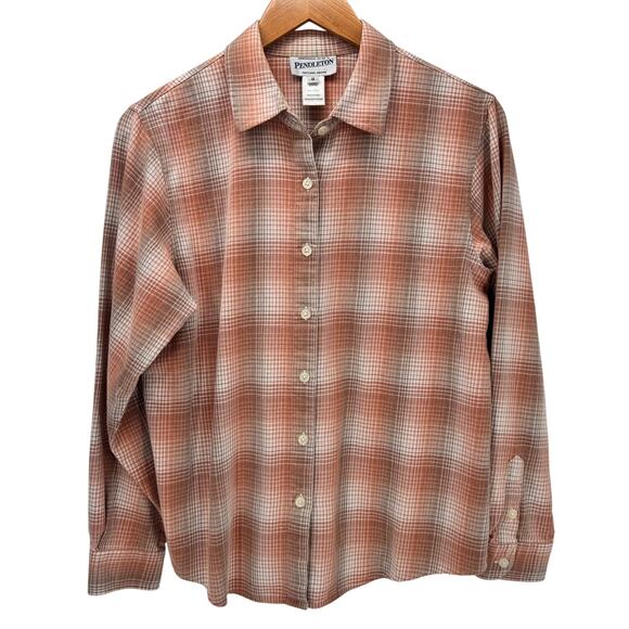 Pendleton Tops - Pendleton Flannel Shirt Womens Medium Peach Tan Plaid Cotton Coastal Button Up